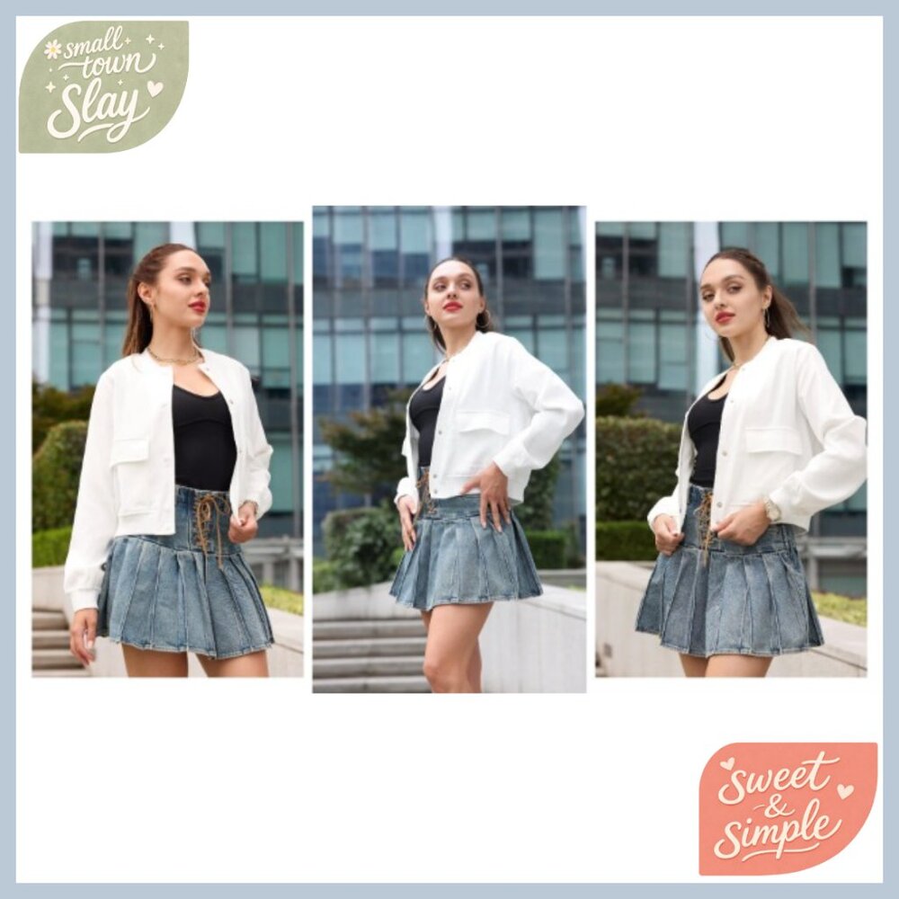 Lightweight Bomber Jacket Button Down Casual Crop… - image 6